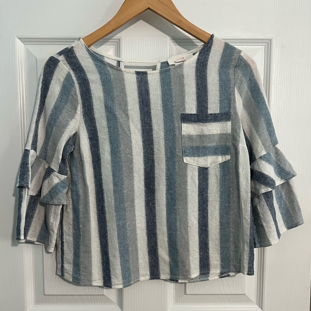 URBAN Romantics Linen Top Blue and White Striped Size Small Boho Bell Sleeve